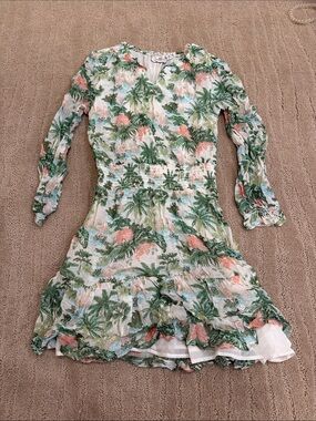 Vineyard Vines Green and Coral Tropical Print Long-Sleeve Dress